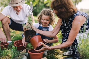 Grands-parents et leur petite-fille qui jardinent dans la cour